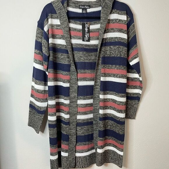 Evelyn Taylor Striped Hooded maxi Cardigan Sweater - Picture 3 of 13